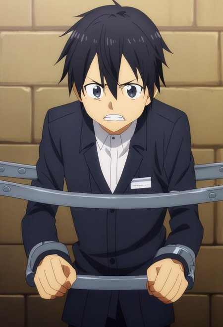 high resolution, professional photography, solo, best quality, 1Boy, Kazuto Kirigaya, Black Hair, Black Eyes, arrested, restrained, struggling, OverallDetail