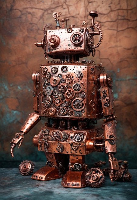 masterpiece, best quality, absurdres, cute copper gear robot tea party, made out of copper gears, made out of copper, copper texture