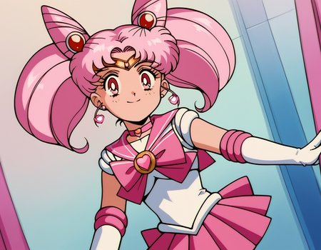 score_9, score_8_up, score_7_up, source_anime, <lora:chibiusa-tsukino-s3-ponyxl-lora-nochekaiser:1>, chibiusa, cone hair bun, double bun, hair bun, hair ornament, pink eyes, pink hair, short hair, twintails, circlet, parted bangs,, bow, brooch, choker, earrings, elbow gloves, gloves, heart, heart brooch, magical girl, pink bow, pink choker, pink sailor collar, pink skirt, pleated skirt, sailor collar, sailor senshi uniform, skirt, stud earrings, white gloves,, indoors, smile, looking at viewer, solo,, cowboy shot, dutch angle