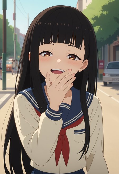 score_9, score_8_up, score_7_up, anime screencap, source_anime, 1girl, solo,
<lora:Kaju_Nukumizu_Makeine_V1:.85>, KJOkaju, black hair, brown eyes, blunt bangs, long hair,
black school uniform,
smug, hand over mouth, open mouth, head tilt, blush,
sunny, street,
(Beautiful, small Breasts:1.2),