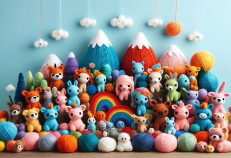 score_9, score_8_up, score_7_up, Yarnworld, rainbow colors, chibi animals, made of yarn, cute design, 
colorful detailed background,