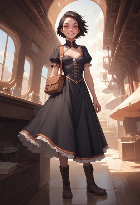 safe_pos, score_9, score_8_up, score_8_up, 1800's era fashion and technology, concept art, illustration. Steampunk, industrial revolution, 
1girl, age in mid20s, crooked smile, parted lips, (black hair), short hair, freckles, hazel eyes, (small breasts;1.3), long full-length black bowsette dress with orange trim, brown messenger bag. Wearing riding boots, she is looking out a porthole window, standing inside a passenger compartment aboard a dirigible airship, high res image, masterpiece, detailed background, perfection style