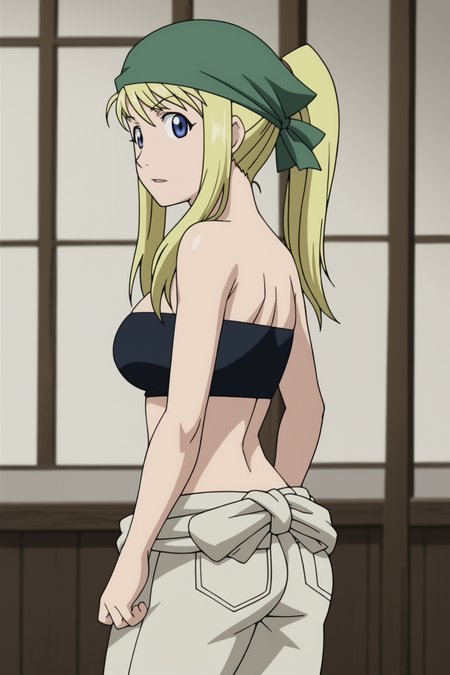 score_9, score_8_up, score_7_up, source anime, prefect lighting, very aesthetic, BREAK, anime coloring, anime screencap,
âââ <lora:winry_rockbell_v1-pdv6:1>, 1girl, winry rockbell, fullmetal alchemist, blue eyes, blonde hair, ponytail, 
winwork, black tube top, bandana, jumpsuit around waist, midriff,
BREAK, looking at viewer, 
BREAK, looking back, distracted, aloof, oblivious