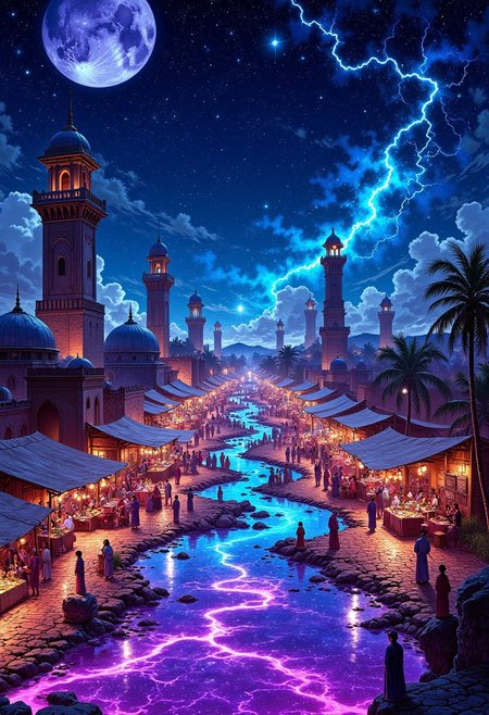 The Celestial Market of Djinns and Starlight
A bustling Arabian night market, but unlike any on Earth—this one floats above the clouds, suspended in the sky by golden chains held by giant celestial birds. The ground beneath is made of shimmering violet glass, reflecting the galaxies swirling below.
Market stalls glow with electric neon fabrics woven from cosmic silk, selling enchanted lamps that hold whirling galaxies within. Merchants—some human, some djinn, some creatures beyond time—barter with crystals that hum with energy, glowing spices that dance in the air, and enchanted jewelry forged from fallen stars.
Towering minarets crackle with blue lightning, their domes decorated with luminous Arabic calligraphy that shifts like liquid gold. In the center of the market, a floating river of molten silver winds through the pathways, leading to a hidden oasis where an ancient oracle grants wishes under the glow of a cosmic moon. The air vibrates with the sound of whispered spells, rhythmic drums, and the distant echo of a forgotten legend.