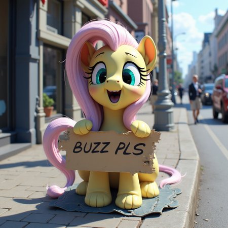 realistic photo of fluttershy mouth open, homeless, dirty, innocent looking, fluttershy  holding a torn cardboard with "BUZZ PLS" written, standing on the sidewalk of a busy city street