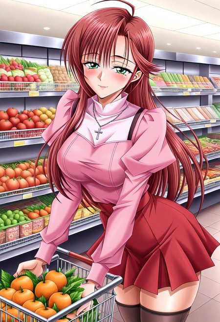 masterpiece, best quality, newest, highres, uncensored, 1girl, yokota mamoru style,1girl, slender face，motion lines,torogao,looking at the viewer,seductive smile,blush
Koga Yuki ,Ahoge Hair, Red Hair, Sidehair, Waist Length Hair,long Hair,Green Eyes, Tareme Eyes,Slim
, zettai ryouiki, cross, long sleeves, red skirt, pleated skirt, miniskirt, dress, pink dress, cross necklace, grocery store, shopping cart, picking fruits, everyday life, , , , arm flexed showing muscle, solo,, cowboy shot, dutch angle