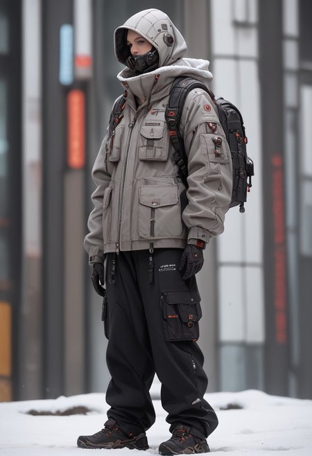 score_9, score_8_up, score_7_up, score_6_up, score_5_up, score_4_up, source_real, cowboy shot, full body, snow, techwear, solo, gloves, long_sleeves, standing, jacket, pants, hood, bag, no_humans, blurry_background, backpack, helmet, robot, mecha, 1other, zipper, science_fiction, realistic, humanoid_robot, Vivid Colors, high Contrast,
