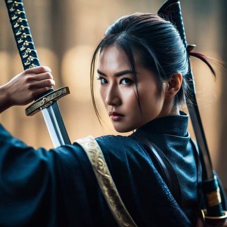 cinematic film still of  <lora:female samurai style:1.2>
an epic cinematic closeup photo of a woman holding a sword in front of her eyes female samurai style, shallow depth of field, vignette, highly detailed, high budget, bokeh, cinemascope, moody, epic, gorgeous, film grain, grainy