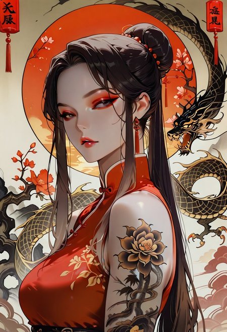 masterpiece, best quality, 32k, high resolution, absurdres, Chinoiserie, Mei, MeiRH,  1woman, mature woman, chinese woman, Very long black hair, brown gradient hair, high hair bun, brown eyes, asian eyes, pale skin, medium breasts,  full right arm tattoo, big back tattoo,  portrait, face closeup, front view, sleeveless Chinese dress, color splashes background, aesthetic, detailed eyes,  upper body, looking at the viewer, parted lips, red lipgloss, eyeliner, makeup