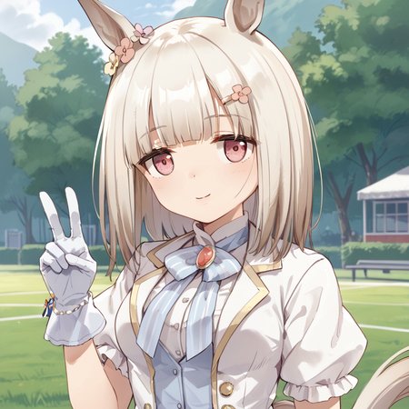 score_9, score_8_up, score_7_up, source_anime, best_quality, masterpiece, BREAK, 1girl, solo,
<lora:HappyMeekPony:0.9>, HappyMeekPony, medium_hair, horse_tail, horse_ears, bangs, medium_breasts, 
HPMK, coat, hair_ornament, white_gloves, short_sleeves, hairclip, hair_flower, puffy_short_sleeves, pleated_skirt, white_shirt, bow, white_footwear, brooch, glassfield, upper_body, close-up, portrait, 
v, looking_at_viewer, light_smile, closed_mouth,