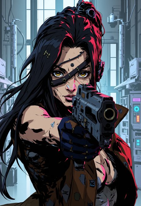 <lora:ck-cyber-relic-000015:1>, in the style of ckcr, a girl is aiming a gun at the viewer, hi tech cyberpunk laboratory in background
