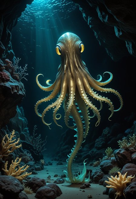 (medium full shot) of (astonishing gold aquatic creature) with smooth skin, bioluminescent patches, tentacle-like fins, large eyes, ethereal fins, glowing scales, luminescent sea plants, set in  a dark abyssal trench, with bioluminescent creatures, strange rock formations, deep silence, eerie glow, at night, Masterpiece,best quality, photo, realistic, very aesthetic,