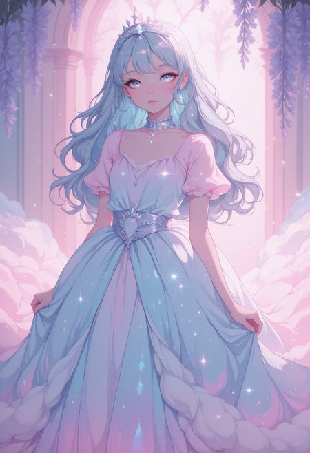 solo, young woman, fluffy gown, pastel gown, tulle layers, soft pink, lavender, baby blue, sparkling tiara, iridescent glitter, long wavy hair, pastel blue hair, silver highlights, pink highlights, ethereal glow masterpiece, best quality, amazing quality, newest, <lora:PinkieSoftcoreAnimeIL:1>, pinksoftcoreanime,