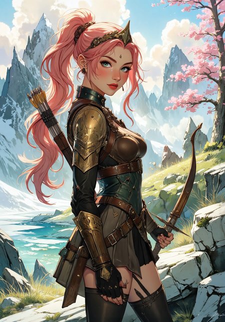 Anime art, Full-length, gorgeous fantasy warrior, long pink hair in a high ponytail, tiara, tight brown leather armor, standing on a hill. Full, high breasts, tight waist, round thighs, green eyes, no blush. Backdrop of fantasy highlands in spring, bright and growing spring colors with patches of snow, icy lakes and wooded areas, full of blossoming cherry trees, topknot ponytail hairstyle, diffused lighting, determined facial expression, intricate armor details. holding a bow, arrow quiver on back. <lora:aidmaMJ6.1_v0.5_3:0.5>,  <lora:Anime Art V3_Flux:0.5>, <aidmamj6.1>, <painted world>