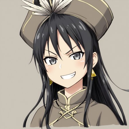 mana_sk style, portrait, focus on face, a daring pirate girl with long, wavy black hair and mischievous gray eyes, wearing a tricorn hat with a feather and a gold earring, a confident grin that reveals her adventurous nature, hints of ocean spray and distant ship masts in the background, Japanese RPG style, bold and seafaring atmosphere, intricate details on her hat and expression