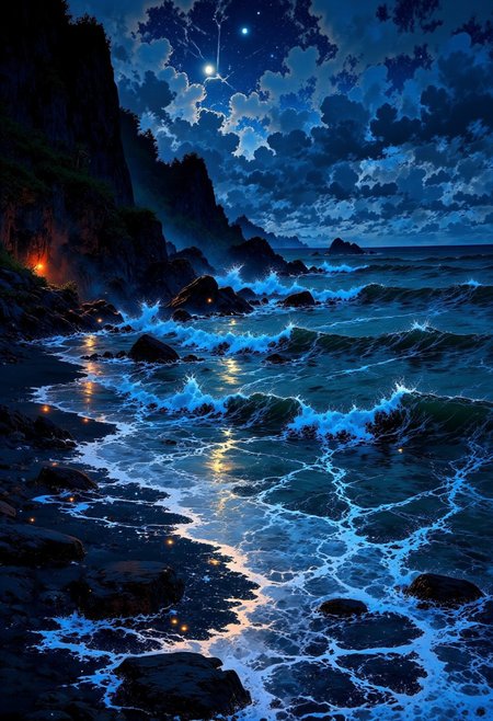 Bali Cliffside Beach – Full Moon & Ocean Glow
"A moonlit beach in Bali, where rugged cliffs overlook the vast ocean, bathed in silver light. The waves shimmer with reflections of the full moon, and phosphorescent plankton flicker beneath the water’s surface. The soft scent of incense drifts from a nearby temple, blending with the salty ocean breeze to create an ethereal nighttime escape."