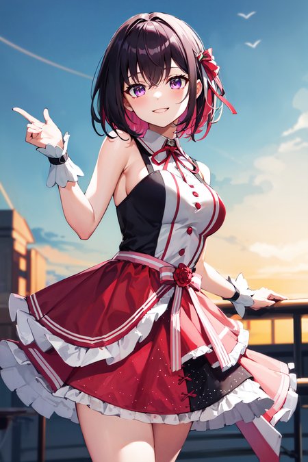 masterpeace, best quality, highres, 1girl, idol clothes, pink hair, black hair, wrist cuffs, colored inner hair, multicolored hair, sleeveless, short hair, purple eyes, ribbon, pink skirt, dress, large breasts, azki \(hololive\), <lora:AZKi_v10:0.7>, cowboy shot, smile, straight-on,