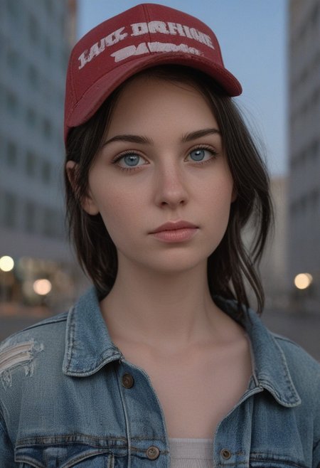 30yo woman posing for pic in front of tall building.
Blue eyes. small perfecteyes 
Wearing ripped Denim jacket red trucker hat
no makeup. Clear skin.  realistic skin style
Long dark black slick back hair. No makeup. Dusk, Street light. Looking at camera POV. Slight smile, tilting head.. Tilt head.
Medium Close Up shot. Bokeh. Bokeh light.