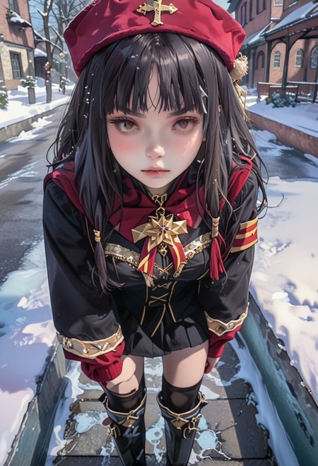 score_9_up, score_9, score_8_up, score_7_up, rating_explicit, 1girl, beautiful, cute, kawaii, young woman, 
cozy winter ensemble with modern flair, she holding Love message give it to the viewer, little delicate snowflakes above the head, blushing, (shy:0.9), (confounded:0.6),  
male pov, detailed background, source_anime, anime, 
frosted alley between snow-dusted buildings, icy pathway, near a warmly lit winter cafe, 
Valentine's atmosphere, twinkling snowflakes, male pov, she leaning forward to pov, 
crisp snowy boulevard, standing, sfw,, Sekai Seifuku, Long black hair, Red eyes, Hime cut, Pale skin, Red military uniform, Black thigh-high socks, Black boots, Gold emblem on hat, Dominatrix-style outfit, Crown, See Description "Triggers and CLothes Prompts"