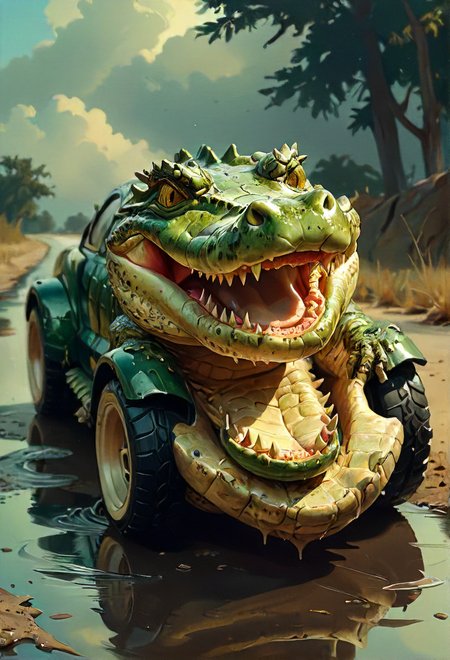 yo, mischievous smiling crocodile, why you look like a car?, atmospheric,  <lora:SDXL - Style - EldritchRomanceIllustration_0.9.1:0.8>
