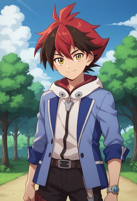 score_9, score_8_up, score_7_up, source_anime, highly detailed, 
hiroryuga, 1boy, male focus, red hair, solo, multicolored hair, upper body, jacket, yellow eyes, pants, looking at viewer, belt, two-tone hair, brown hair, standing, blue jacket, spiked hair, closed mouth, hood, black pants, smile,
outdoor, sky, clouds, tree