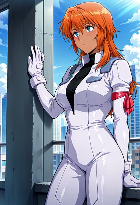 ((masterpiece, absurdres)), best quality, amazing quality, newest, 4k, anime coloring, very aesthetic, ray tracing, Smooth Quality, CG,city view,Francesca, 1 mature female, orange hair, long hair, blue eyes, dark skin, pilotsuit, turtleneck t-shirt, arm ribbon,gloves