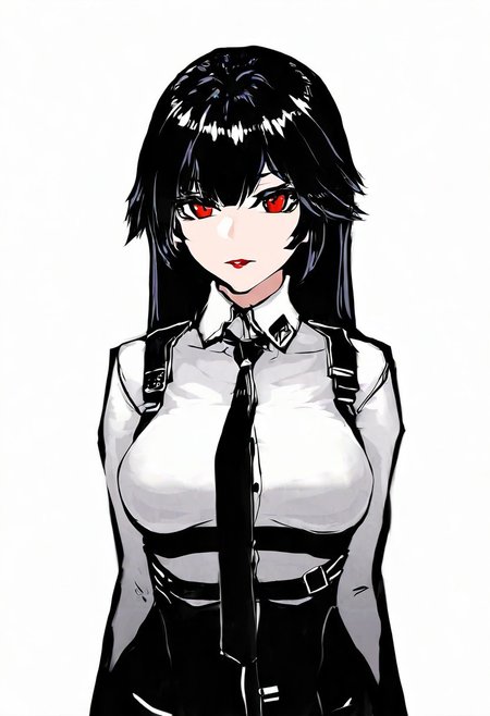 High resolution, high quality detail, character emphasis, 1 girl, SVUmk-2 Tramp (Girls' Frontline), highly detailed face, highly detailed hair, high quality face, red lips, medium breasts, white shirt (shirt tie), half body, standing, masterpiece, top quality, very aesthetically pleasing, no background