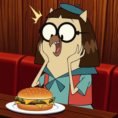 8k, uncensored, masterpiece, best quality, highly detailed, realistic, 1girl, solo, AlmondineCL, furry, anthro, avian, owl, brown hair, medium hair, black eyebrows, thin eyebrows, black glasses, round glasses, black eyes, brown beak, light-tan skin, teeth, smile, open mouth, dark-blue beret, blue topwear, scout outfit, (looking down, wooden table, restaurant, wooden wall, sitting), front view, dutch angle, detailed background, flat chested, ((4 fingers)), hands on own cheeks, surprised, upper body, (cheeseburger)