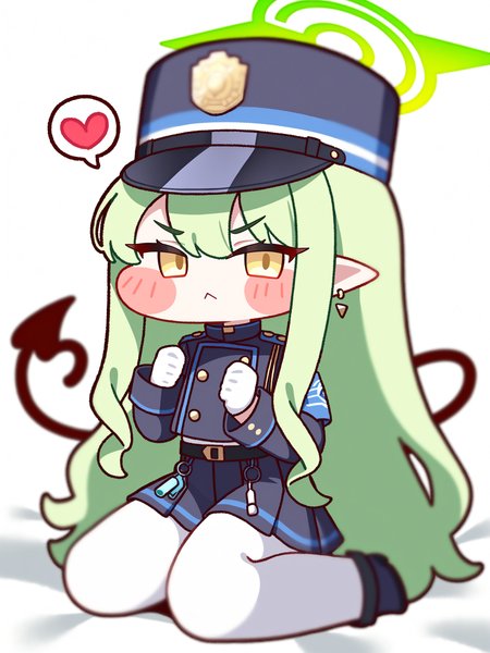 trickcalcg, ((chibi, blush stickers, blush)), blue archive, hikari \(blue archive\), 1girl, :<, armband, belt, black belt, blue armband, blue hat, blue jacket, blue skirt, blush, buttons, clenched hands, closed mouth, demon tail, earrings, flat chest, gloves, green hair, green halo, hair between eyes, halo, hat, heart, heart tail, jacket, jewelry, long hair, long sleeves, looking at viewer, on bed, pantyhose, pleated skirt, pointy ears, sidelocks, sitting, skirt, solo, spoken heart, tail, thighs, v-shaped eyebrows, wariza, whistle, white background, white gloves, white pantyhose, yellow eyes, 
colorful, (best shadow:1.2), golden hour lighting, (Depth of field:1.2), beautiful detailed glow, 
(masterpiece, best quality, absurdres, highres, newest:1.2), very awa, 