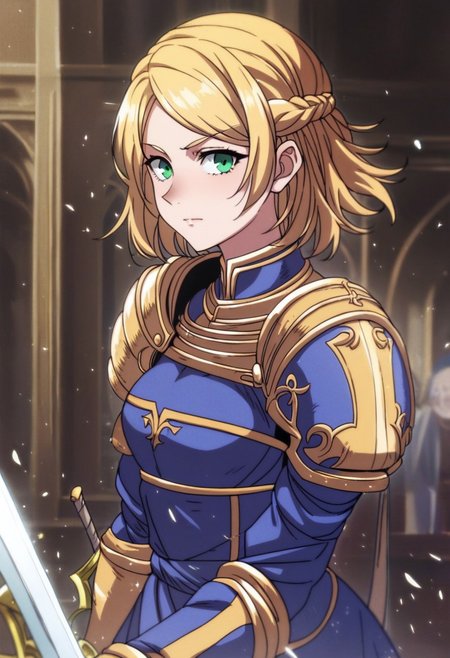 score_9_up, score_8_up, score_7_up, PRSNL, high detail face, best quality, absurd res, 1girl, blonde hair, green eyes, short hair, french braid, SaberArmor, breastplate, blue dress, gauntlets, juliet sleeves, faulds, holding sword, Excalibur, planted sword, aura, particles, cowboy shot, floating hair, looking at viewer