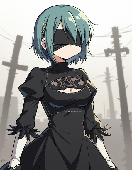 score_9, score_8_up, score_7_up, source_anime, <lora:sayaka-miki-s1-ponyxl-lora-nochekaiser:1>, sayaka miki, short hair, blue eyes, hair ornament, blue hair, hairclip, medium breasts,, <lora:2b-cosplay-ponyxl-lora-nochekaiser:1>, 2bcosplay, 2b (nier:automata) (cosplay), gloves, long sleeves, dress, puffy sleeves, black dress, clothing cutout, cleavage cutout, juliet sleeves, feather-trimmed sleeves, blindfold, black blindfold, covered eyes,, wasteland, , dutch angle, cowboy shot