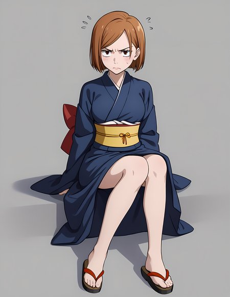 <lora:Nobara_v2:1>1girl, n0bara, kimono, embarrassed, annoyed, sitting, sandals, simple background