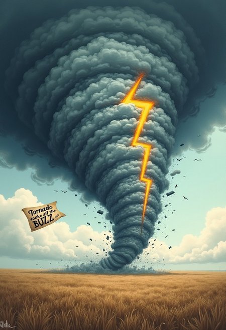 view from inside a tornado, within the tornado there are  3D stylized thunderbolts flying around and an flying paper saying "Tornado took all my BUZZ". the picture is a realistic drawing.