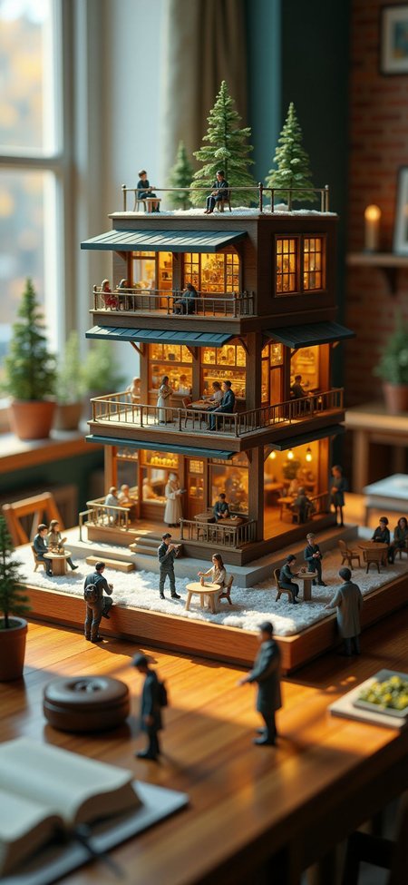 (indoors,indoor,isometric view,side view,tilt-shift lens:2), (fna_style,miniature,miniature,diorama,miniature,diorama,PVC,plastic:2),sunset,winter giant (multi layers of museum with cafe cubic vertical:2.5) is located center, people, (in wooden square plate:3) (on table at study:3) <lora:Fantasy_Novel_Art_Style:1> <lora:Rostpunk:0.3>