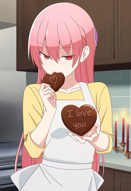 chocolate,<lora:chocolate_illustrious_V1.0:0.5>,
1girl,tsukasa_yuzaki,long hair,pink hair,hair ornament,red eyes,bangs,hair between eyes,
white apron,[[yellow shirt]],valentine,
standing,seductive smile,[blush],chocolate on body,medium breasts,
holding big heart chocolate with text: "I love you",puts the chocolate in her mouth,crunch chocolate,
kitchen background,chair,candle,romantic,
ultra-detailed,masterpiece,best quality,good quality,newest,anime,anime coloring,<lora:TsukasaYuzaki_illu:0.9>,