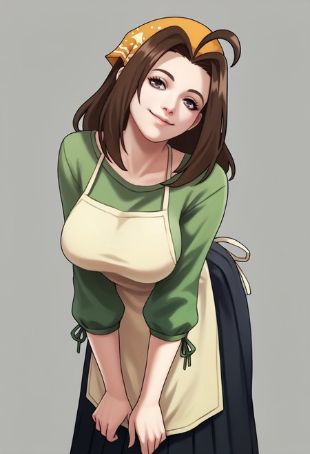 score_9, score_7_up BREAK solo, 1girl, smile, looking at viewer,  <lora:monorirogue_pd_glora:1>, <lora:Celia-pdxl_Fp:0.8>, celiahm, brown hair, grey eyes, ahoge, long hair, bandana, green shirt, apron, skirt, (large breasts:1.6), simple background, closed mouth, head tilt, leaning forward,