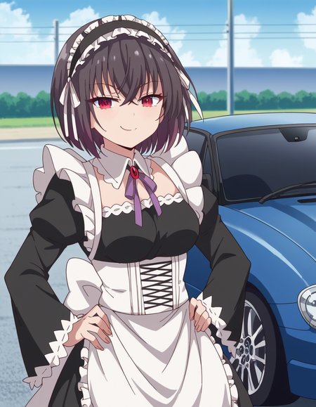score_9, score_8_up, score_7_up, source_anime, <lora:shary-shadow-assassin-s1-ponyxl-lora-nochekaiser:1>, shary shadow assassin, short hair, black hair, red eyes, bangs, crossed bangs, medium breasts,, dress, apron, maid, maid headdress, frills, detached collar, long sleeves,, road, cars, asphalt, travel, speed, , smug, hands on own hip,, looking at viewer, solo,, dutch angle, cowboy shot