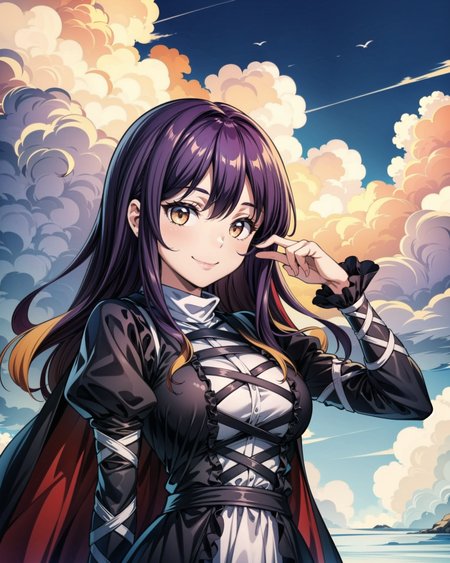 <lora:touhou_hijiri-10:0.9>, 1girl, arm_ribbon, black_dress, cape, cloud, cross-laced_clothes, dress, hijiri_byakuren, juliet_sleeves, layered_dress, very_long_hair, long_sleeves, (purple_hair, orange_hair, gradient_hair:1), puffy_sleeves, ribbon, smile, solo, white_dress, light_brown_eyes, <lora:add_detail:1>, masterpiece, best quality