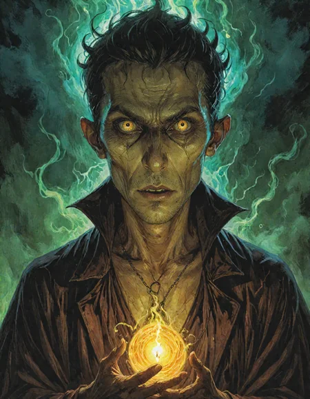 A fantasy RPG-style psychic vampire, male human form, skin flushed with natural colors, blending with living beings. Eyes glow with a subtle, eerie light, craving the occult energy of psychic spellcasters. Veins pulsing with dark energy, ethereal mist swirling around.