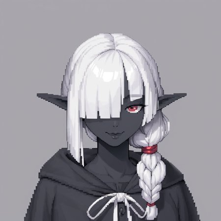 score_9, score_8_up, score_7_up, score_6_up, score_5_up, score_4_up rating_safe,
1girl, solo, female, (dark elf),drow, mature female, 
(black skin), ((dark skin)), (skindentation),
(very short hair), ((sidelocks)), ((ponytail)), (white hair), (((hair over one eye))), (((blunt bangs))), red eyes,
seductive eyes, braided hair, (long ears), (elf ears),
thick lips,closed mouth, prideful aroused, horny, ((tired)), (bags under eyes), smug,
robes,
standing, default pose,
blank background, empty background,
arms behind back, pixelart, pixel,
((headshot)), (portrait), (looking at viewer), (thick lines), <lora:pixel:0.6> <lora:Drow_Female_-_Sinue:0.6>