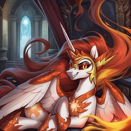 score_9, score_8_up, score_7_up, score_6_up, score_5_up, score_4_up, Daybreaker, Equestria at War, pony, alicorn, g4, Female, Feral, Lounge On Throne Lounge On Side, Portrait of a leader, Ruler of the Solar Empire, Evil eyes, Looking At Viewer, Sadistic Smile, Sharp teeth, Throne Hall Interior, Extreme Detailed Background, Tail, the quality of ai art is frightening