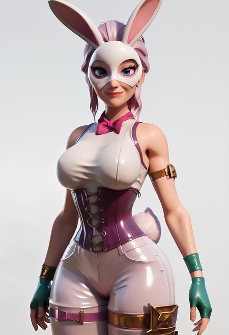 Score_9, score_8_up, score_7_up, best quality, 3d, 
Stella, 1girl, Bunny Mask, skinny waist,sleeveless shirt, corset, pants, rabbit tail, fingerless gloves, kneepad, shinpad, bow thighstrap, gold wristband, bandana on arm, looking at viewer,  looking at viewer, smirk, upper body, big breasts, wide hips, thick thighs, sexy, latex, skintight,