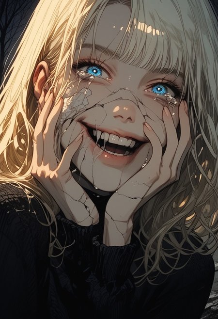 score_9, score_8_up, score_7_up,source_anime,anime, 
score_9, score_8_up, score_7_up, Ellie Buckingham, ((Bright Blond hair)), Blond Hair, Blond Bright blue eyes. Very large breasts, torpedo breasts, humongous breasts
1girl,solo,  
1girl, qxys, solo, detailed, extreme close up of face,, cracked skin, eyes poking out of skin, smile, holographic, iridescent, bloom, hand on own face,cracked skin,tears,thermal ,<lora:Dramatic Lighting Slider:1> <lora:holographiccolor:0.4> <lora:Detailer_NoobAI_Incrs_v1:0.5> <lora:ThermalSwirlsILL:0.6> masterpiece, best quality, amazing quality, , (horror \(theme\),:1.2)
flat color, dark theme
sinozick style
g4n1m3