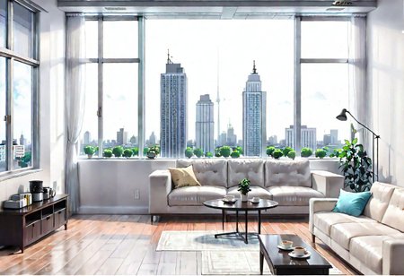 ((((front view)))), Shallow scene, ((animation style)), (((City high-rise building scenery))), ((((City scenery outside the window)))), (Facing the window), (open window), modern-style interior, Wooden floor, with white walls, (large windows), a living room, sofa and coffee table by the window sill,  (((Sofa placed horizontally))), (Behind the sofa is the window sill), noon, clear sky, low saturation