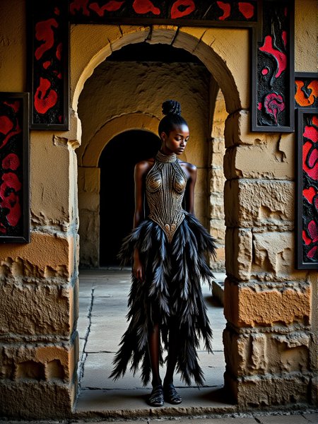 Macro photo, Cameroonian 1960s theme of architecture, white-toned <lora:BlackColor:1>, intricate black and scarlet and black naturalistic Stained Glass photo. The main subject is a eldritch teen wrinkled ethereal female elf wearing a feathered outfit standing in an archway. The setting is busy and primal. The overall mood of the photo is of a stylish moment in time. The photo has been tinted here and there with yellow translucent dye. <lora:FLUX.1-DEV_-_Wild_1960s_Fashions_LoRA:0.9> <lora:midjourney_whisper_avant_couture_v01:0.6> <lora:flux_dev_grunge:0.6>