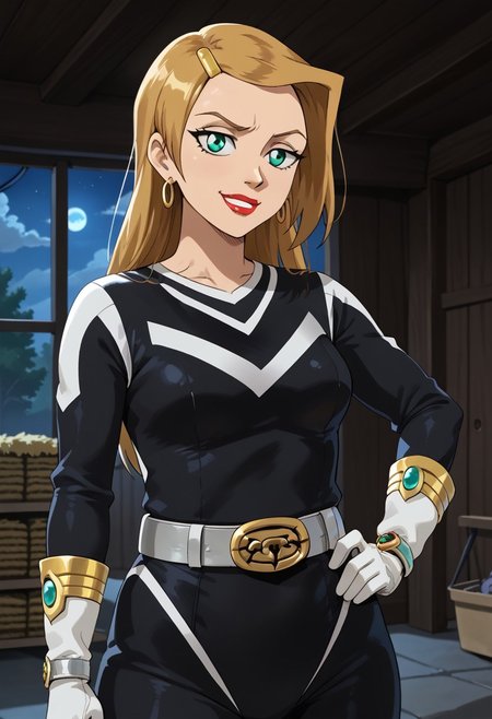score_9, score_8_up, score_7_up, BREAK,
1girl, solo,  Sarah, green eyes, blonde hair, long hair, hairclip, earrings, lipstick, muscular, medium breasts, narrow waist, wide hips, sentaisaintforce, black bodysuit, silver belt, white gloves, spandex,  m-shaped chest symbol, helmet removed, no headwear,BREAK,
cowboy shot, smug, half-closed eyes, standing, hand on hip, indoors, garage, night,