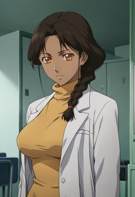 D4RK3RTH4NBL4CK, source_anime,  artist style:Urushihara Satoshi, source_hentai, source_anime,1woman, looking at viewer, facing viewer, score_9, score_8_up, score_7_up, score_6_up, mina_kandaswami, BREAK, 1girl, solo, (mina_kandaswami), dark_skinned_female, dark_skin, bindi, ponytail, braid, turtleneck_sweater, yellow_sweater, labcoat, perfect face, perfect eyes, sexy, sexy girl, seductive, beautiful eyes, petite body, wide hips, large breasts, posing, dynamic angle, retro_artstyle