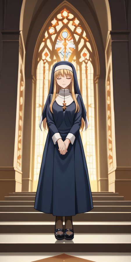 score_9, score_8_up, score_7_up, source_anime, rating_safe, intricate details, anime screencap, official style, 1girl, solo, <lora:PONY_Saint_EmilianaV2:1>, saintemiliana, blonde hair, long hair, closed eyes, nun, habit, brown socks, black shoes, full body, cathedral