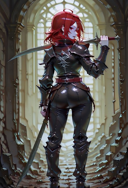 masterpiece, best quality, highres, absurdres, amazing quality, high resolution, 
Red Eyes, Red Hair, pale skin, Black Medieval Armor, leather straps, full body coverage
curved blade
weapon over shoulder, from behind, holding weapon, looking back,