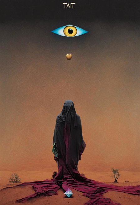 Tarot card design for the magician card with Robert Anton Wilson as the magician, in the desert with a pyramid in the background with an eye looking at the magician, mandala, golden Apple, dark vaporwave color palette, Perfect Hands, 3l3ctronics